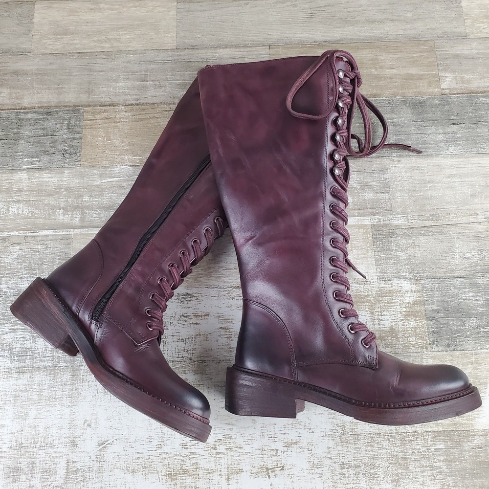 Vintage Foundry Co Sadelle Boot Womens Sz 7 Burgundy Leather Side Zip Lace Up